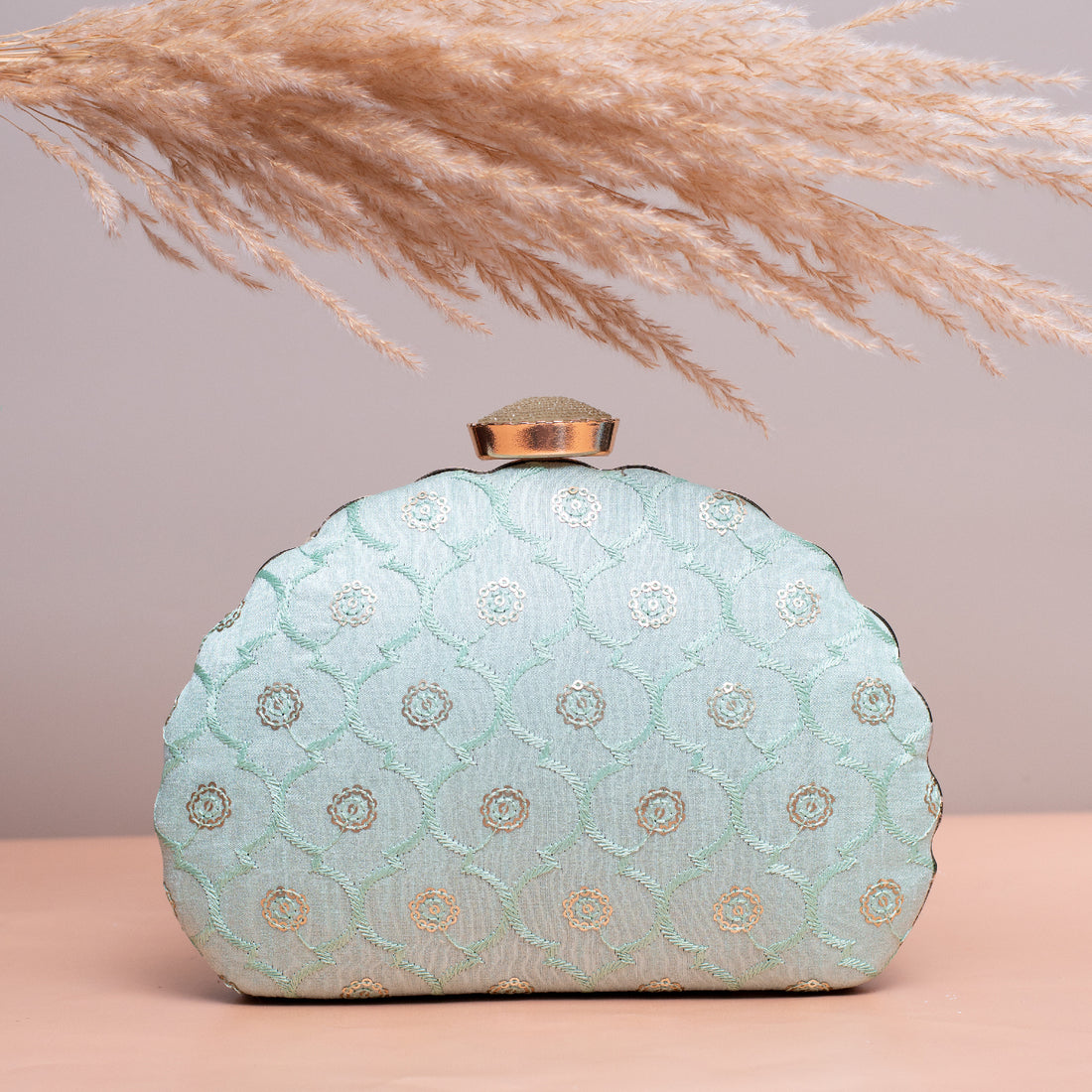 Artklim Light Blue Based Sequins Embroidery Clutch