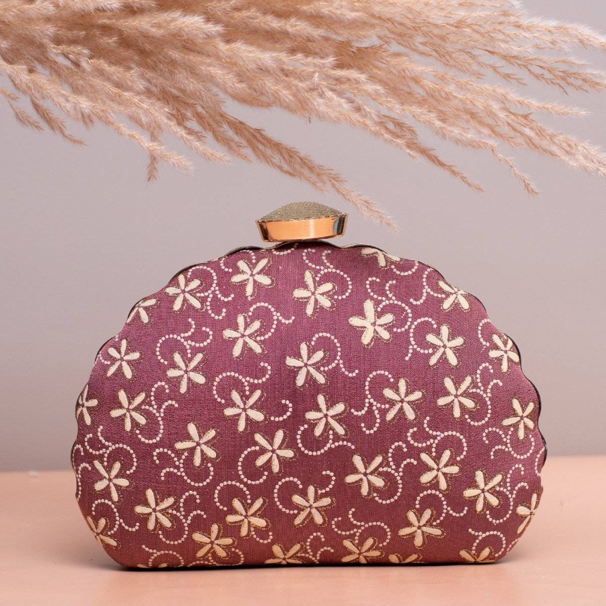 Artklim Rosy Brown Based Floral Embroidery Clutch