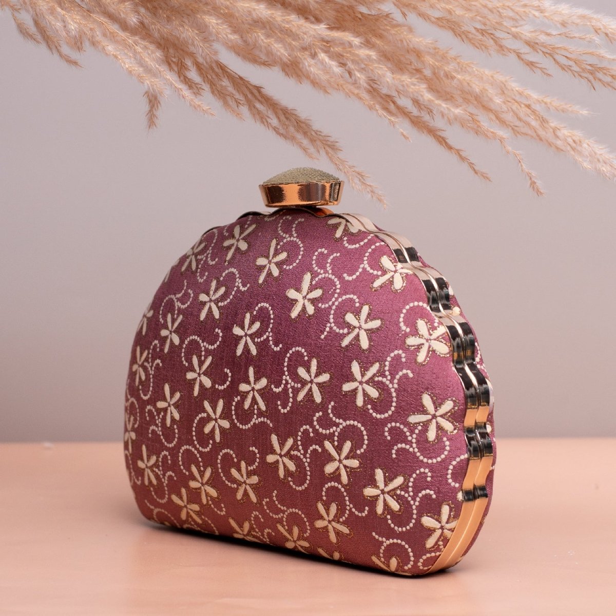 Artklim Rosy Brown Based Floral Embroidery Clutch