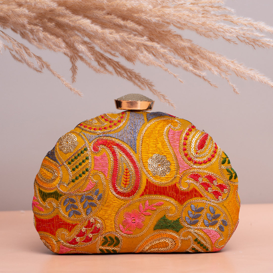 Artklim Yellow Based Multicolored Threadwork Embroidery Clutch