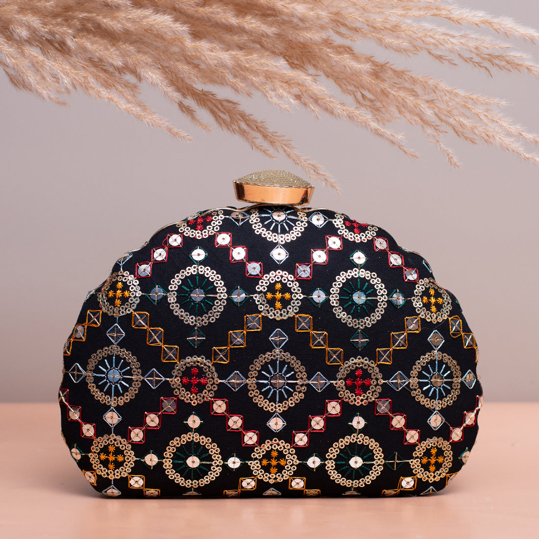 Artklim Black Based Multicolored Sequins Embroidery Clutch