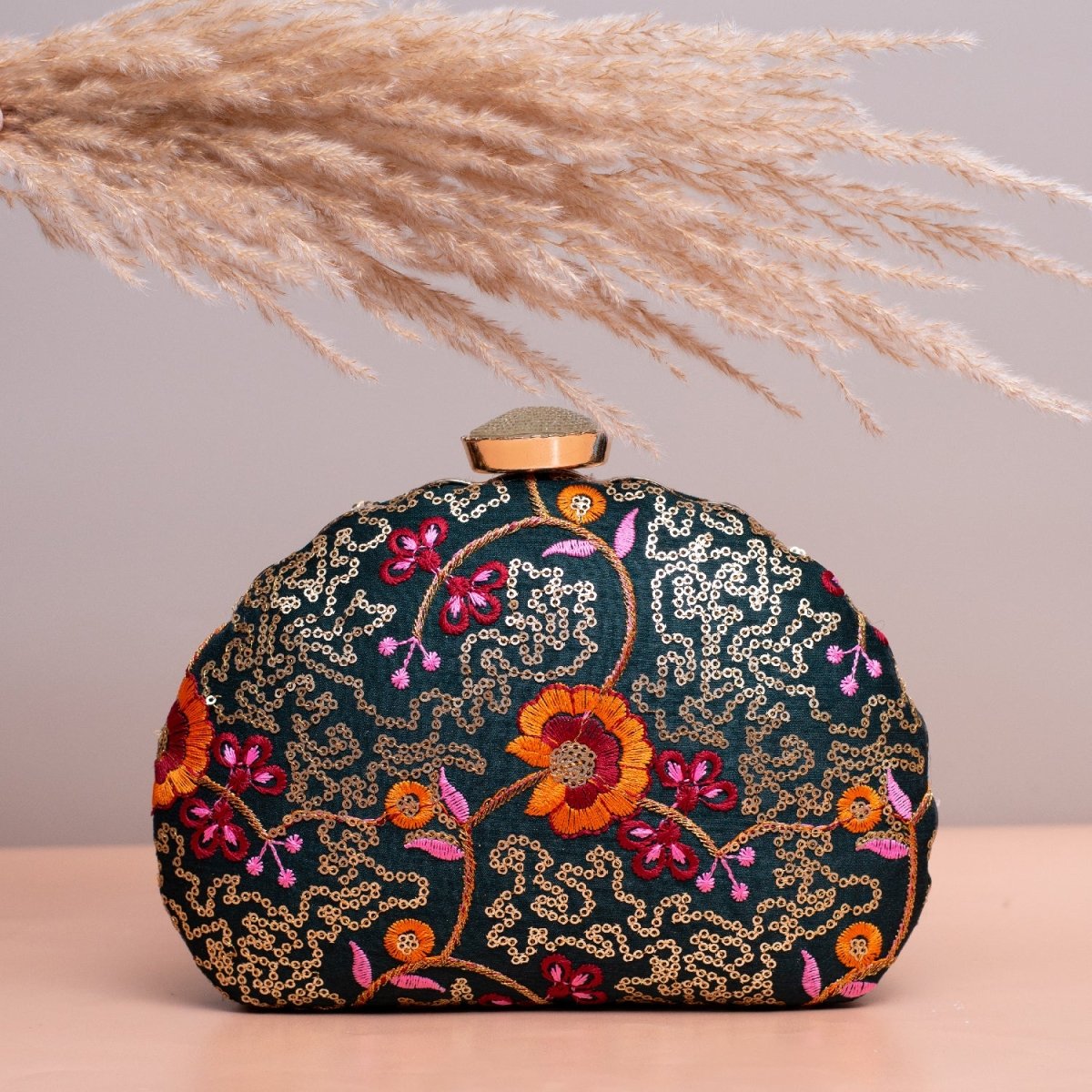 Artklim Grey Based Yellow Floral Sequins Embroidery Clutch