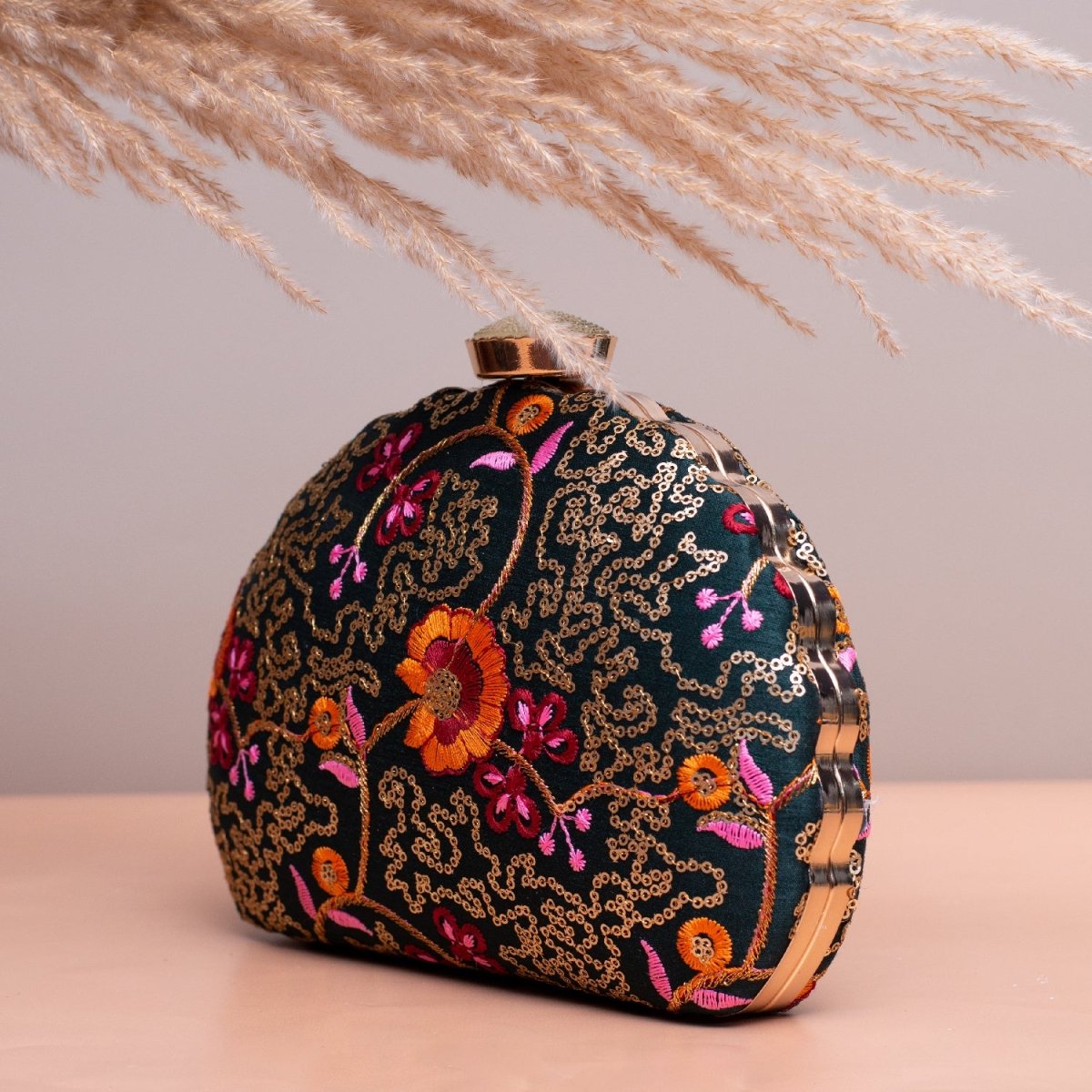 Artklim Grey Based Yellow Floral Sequins Embroidery Clutch