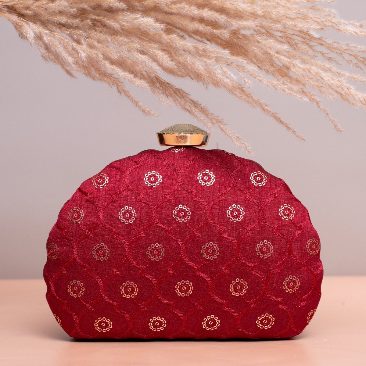 Artklim Red Based Golden Sequins Embroidery Clutch