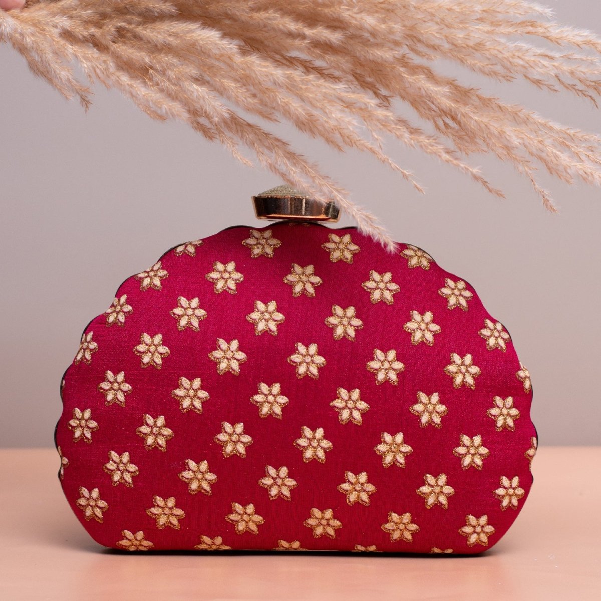 Artklim Pink Based Golden Floral Embroidery Clutch