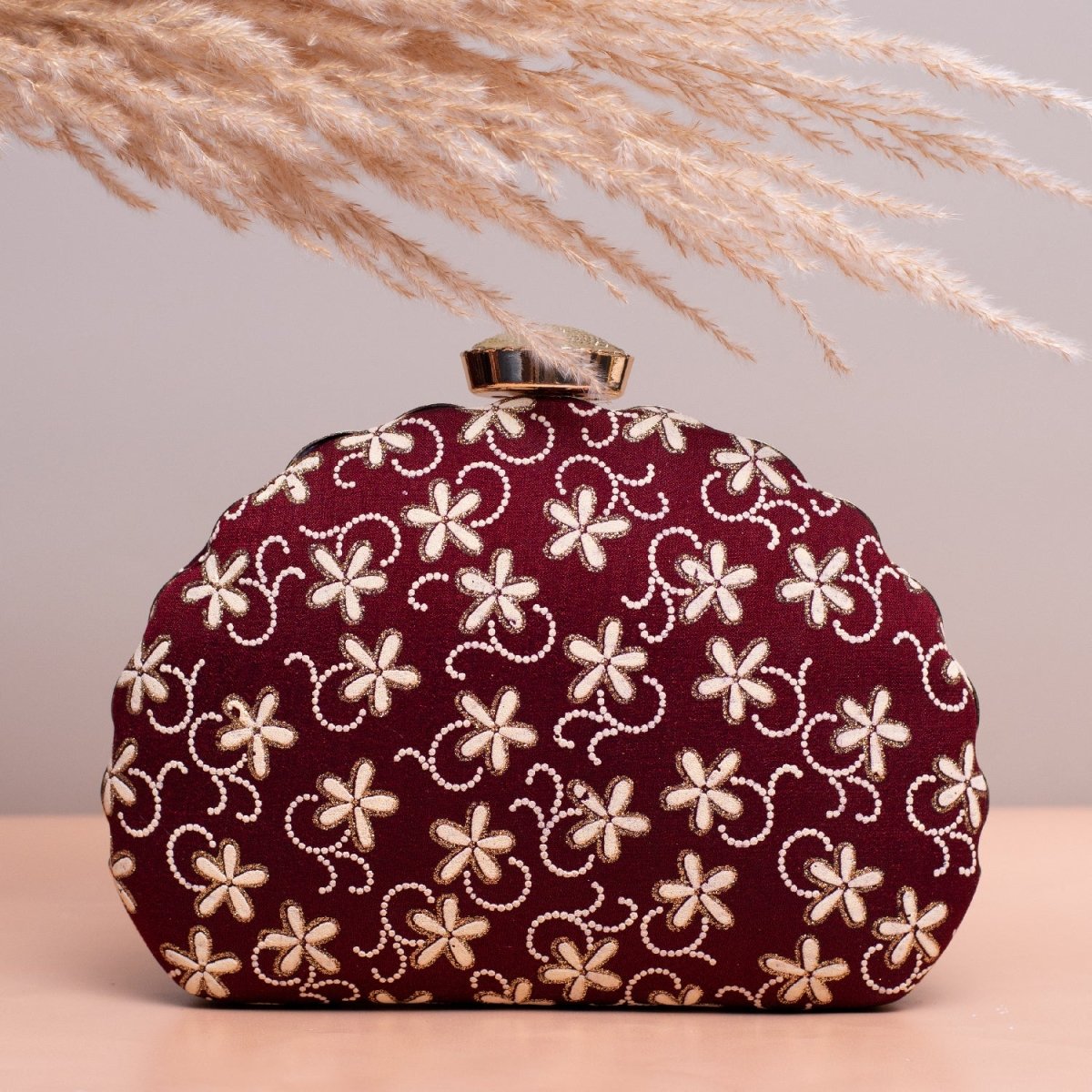 Artklim Maroon Based White Floral Embroidery Clutch