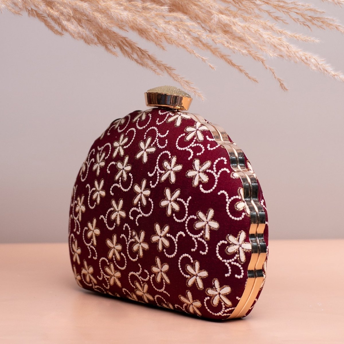 Artklim Maroon Based White Floral Embroidery Clutch