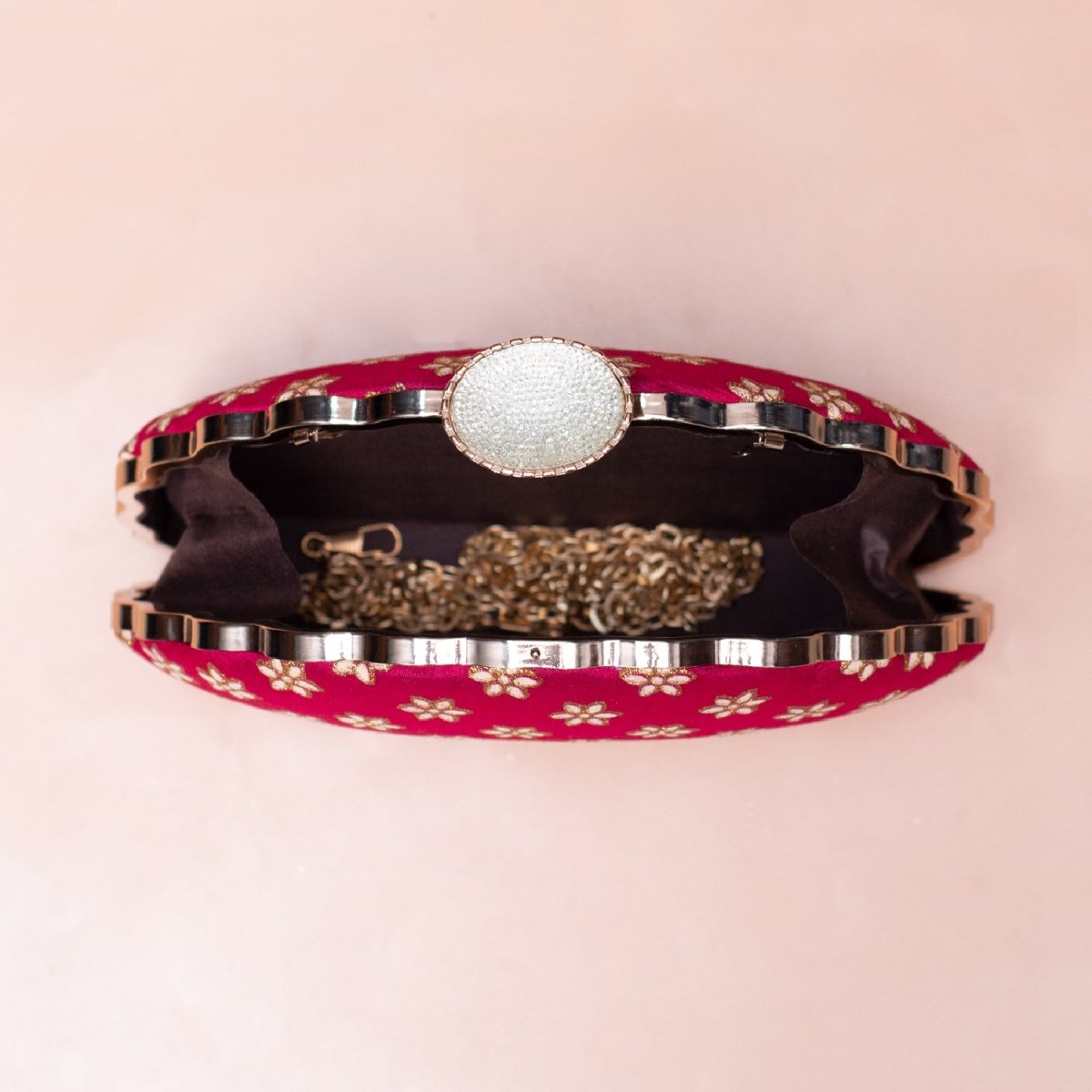Artklim Pink Based Golden Floral Embroidery Clutch