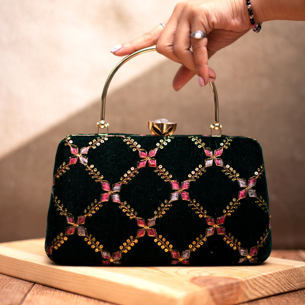 Dark Green Embroidery Party Clutch