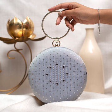 Grey Sequins And Thread Embroidery Round Clutch