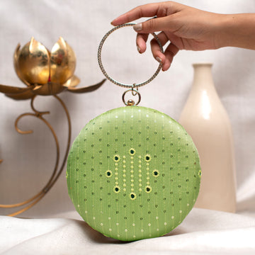 Green Sequins And Thread Embroidery Round Clutch