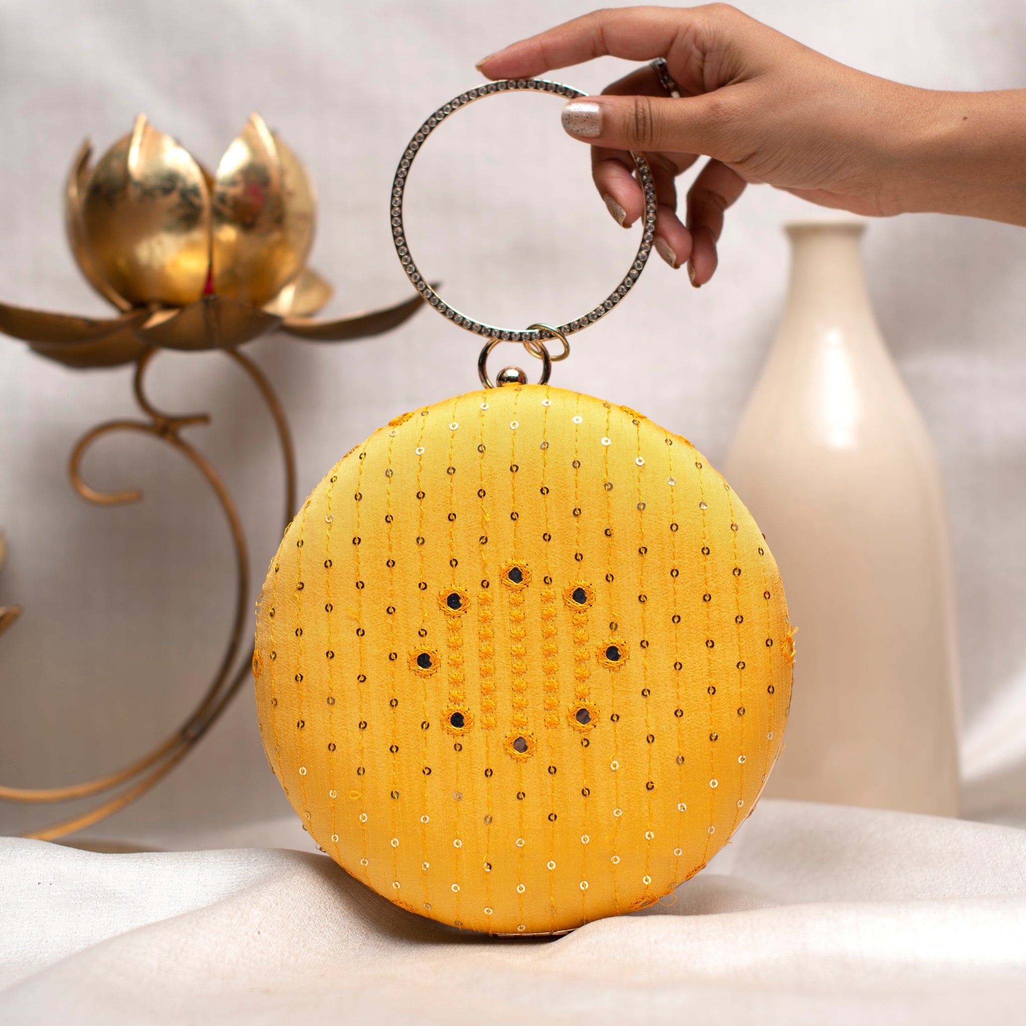 Yellow Sequins And Thread Embroidery Round Clutch