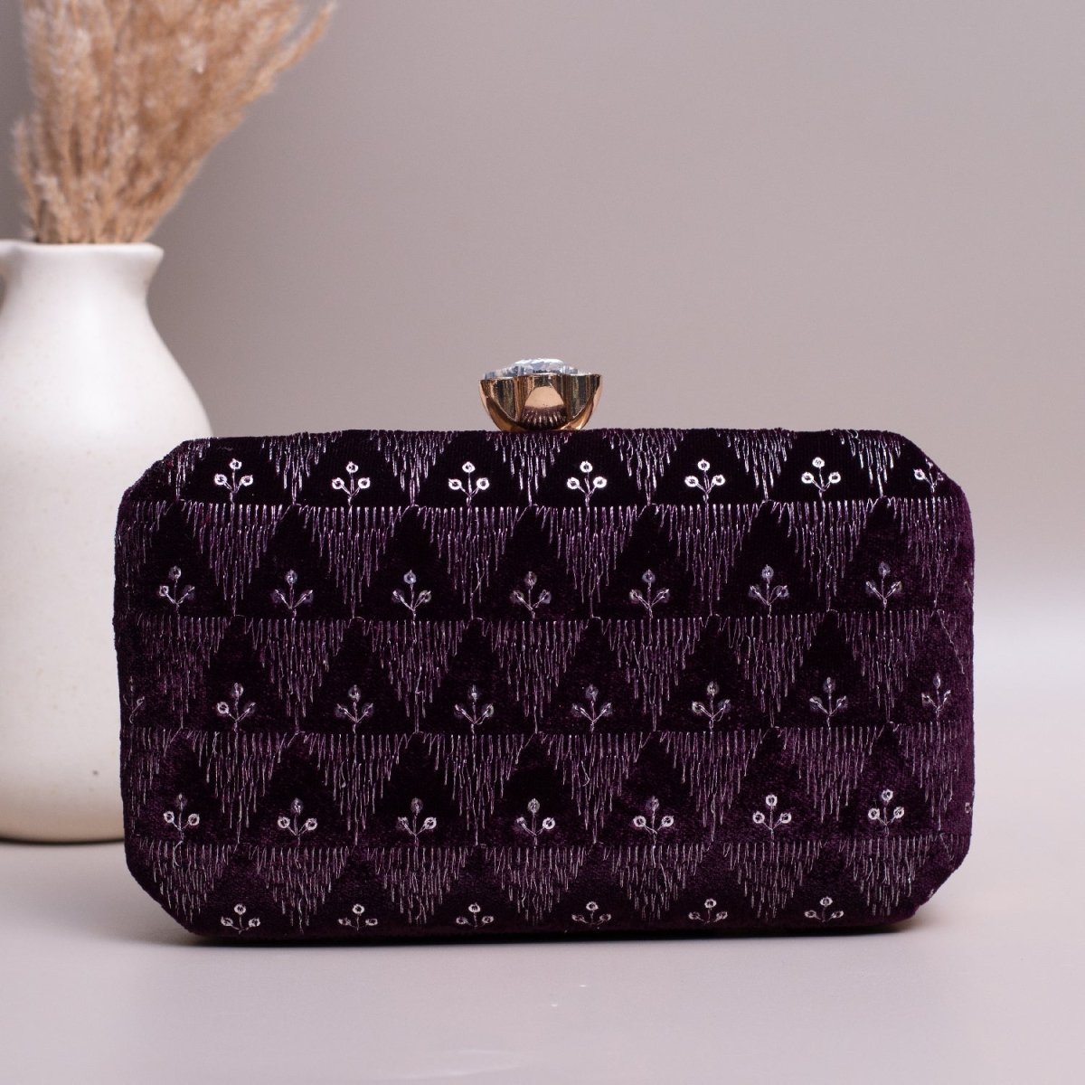 Artklim Purple Based Silver Sequins Embroidery Clutch