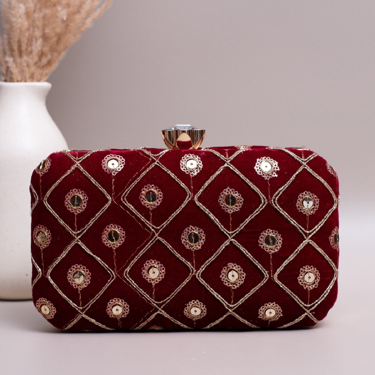 Artklim Red Based Golden Sequins Embroidery Clutch