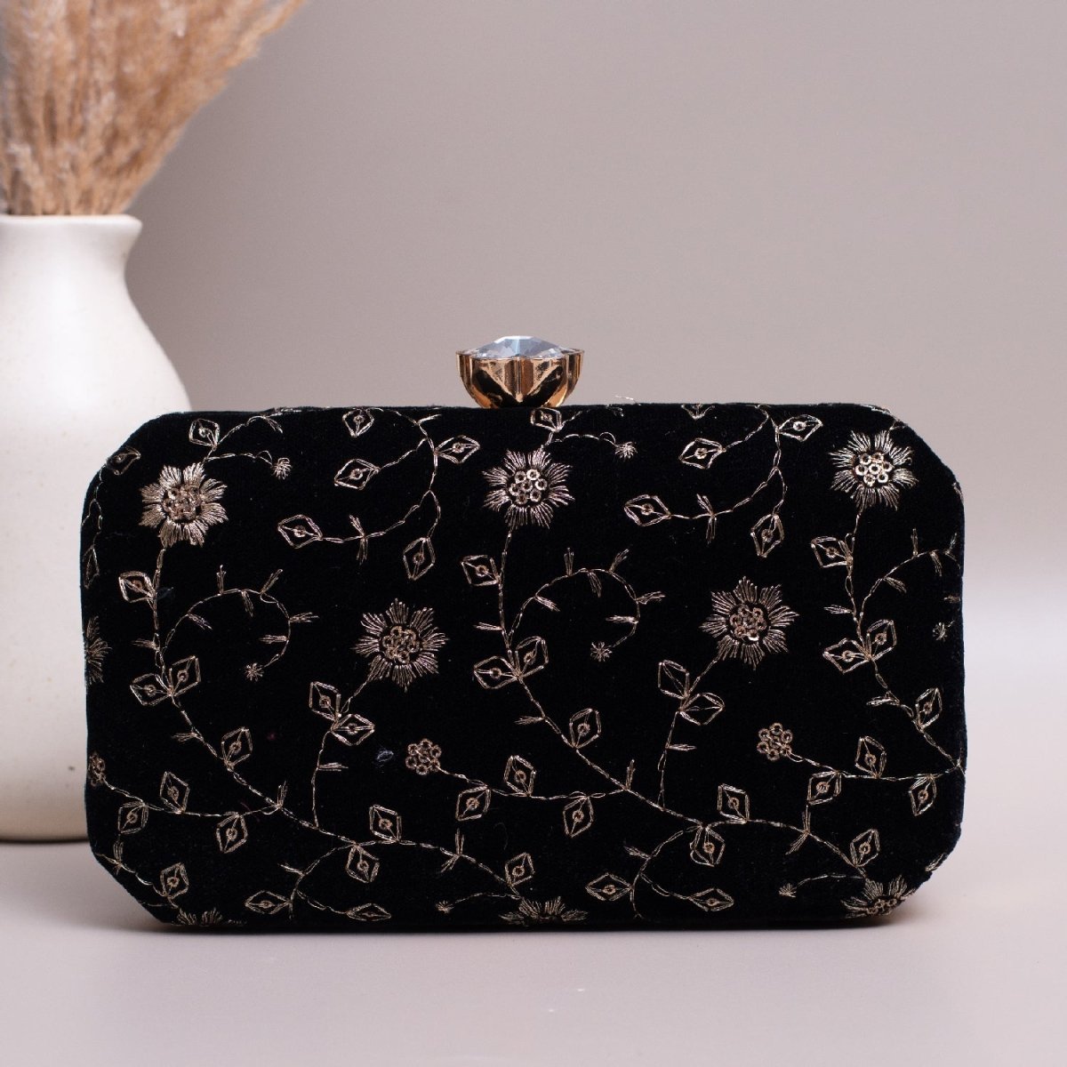 Artklim Black Based Golden Floral Sequins Embroidery Clutch