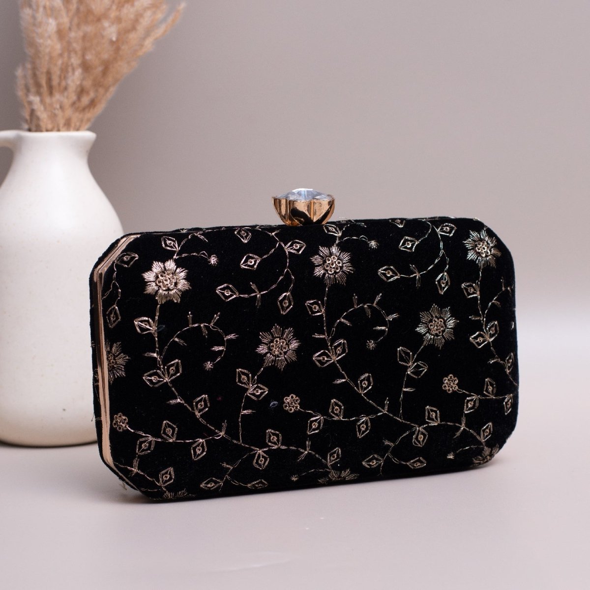 Artklim Black Based Golden Floral Sequins Embroidery Clutch