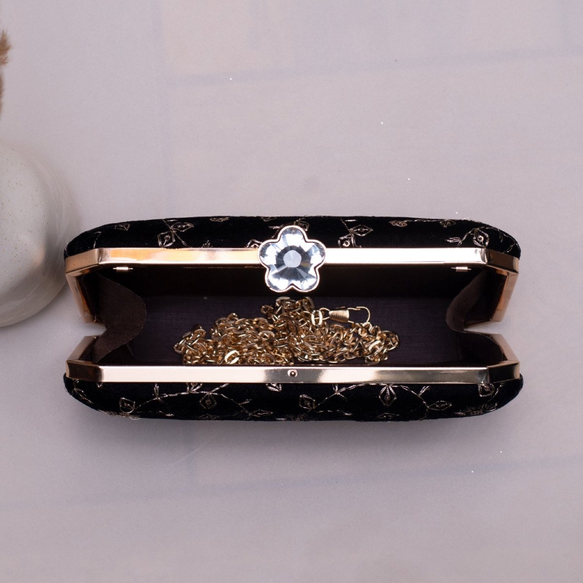 Artklim Black Based Golden Floral Sequins Embroidery Clutch
