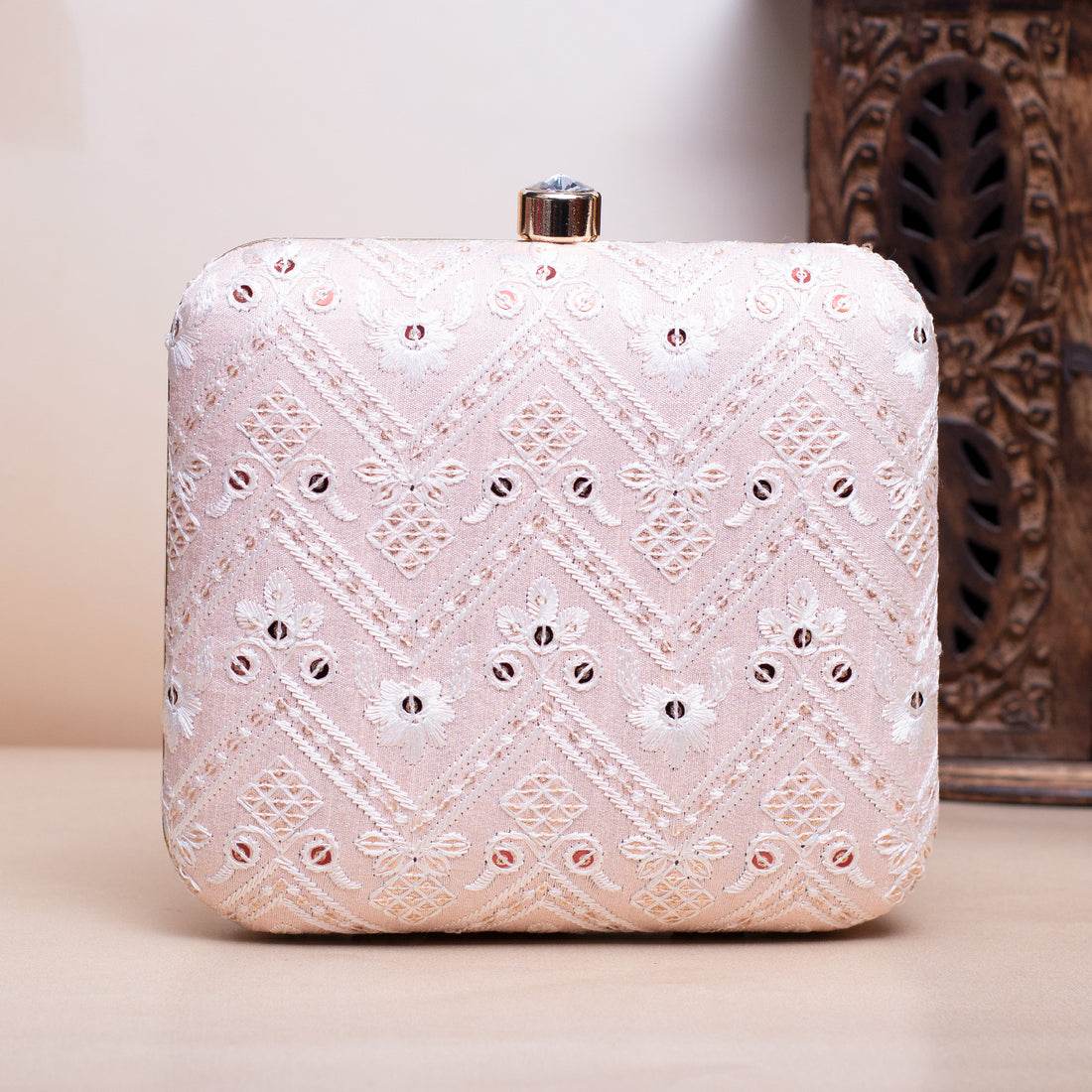 Artklim Pastel Pink Based White Threadwork Embroidery Clutch