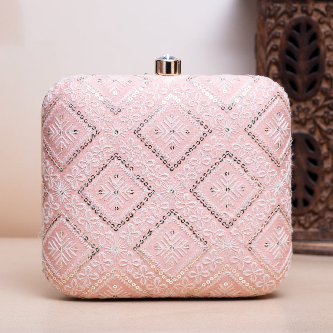 Artklim Pastel Peach Based Sequins Threadwork Embroidery Clutch