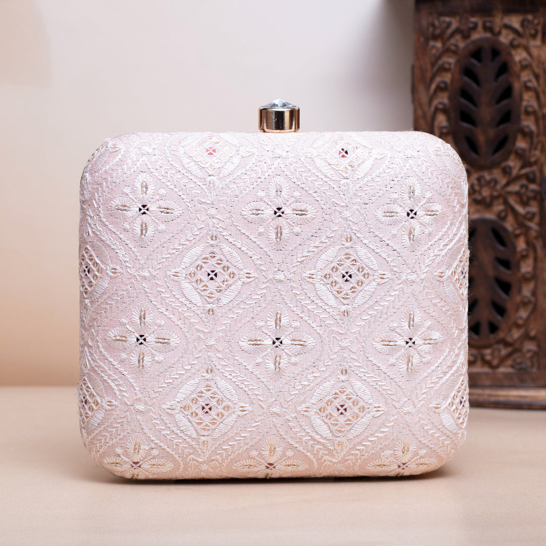 Artklim Pastel Pink Based White Threadwork Embroidery Clutch