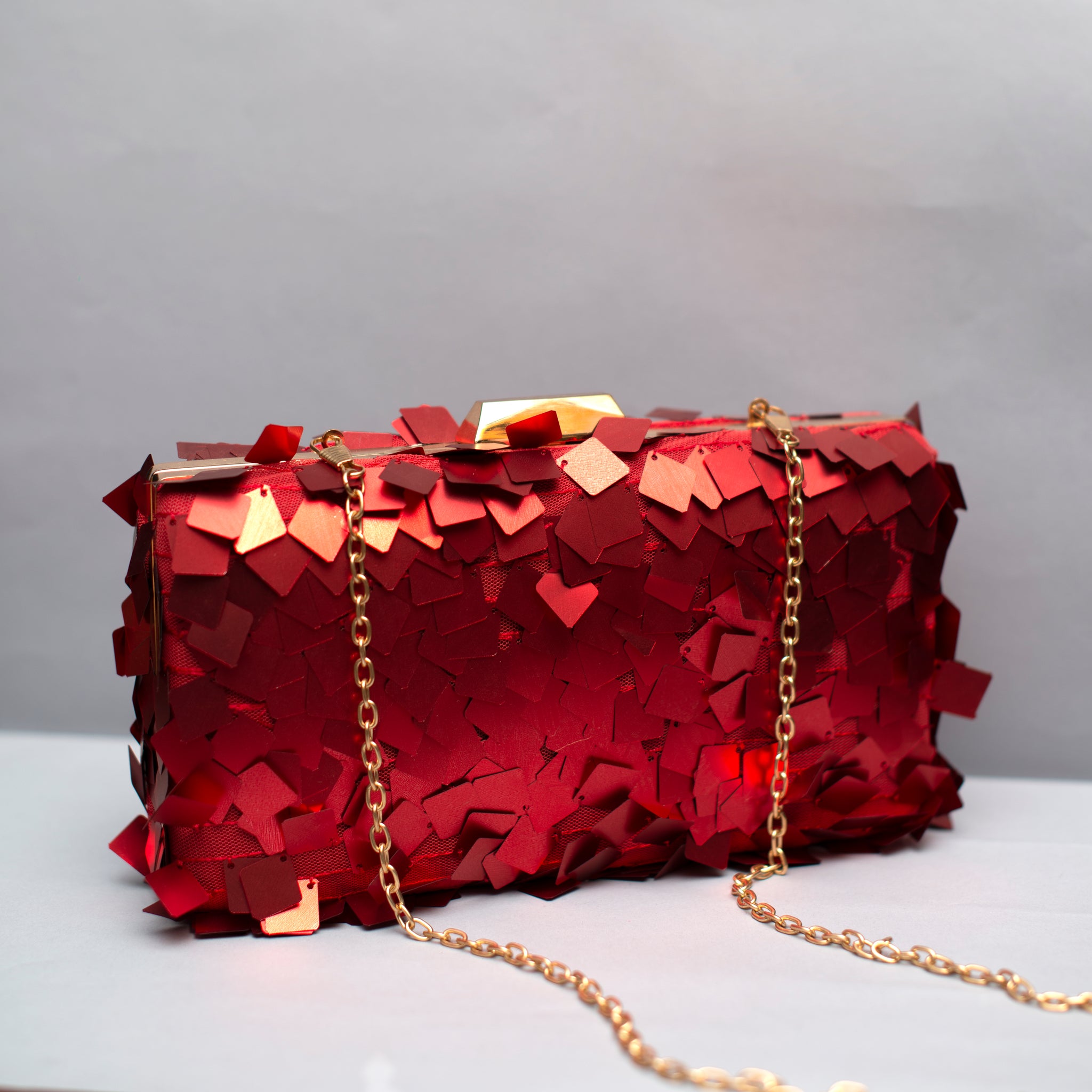 Red Embellished Sequins Party Clutch