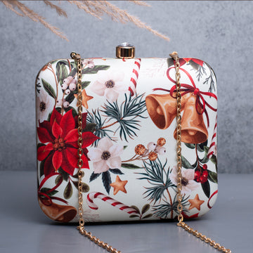 Artklim White Based Christmas Bells Printed Clutch