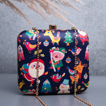 Artklim Blue Based Cute Santa Claus Printed Clutch