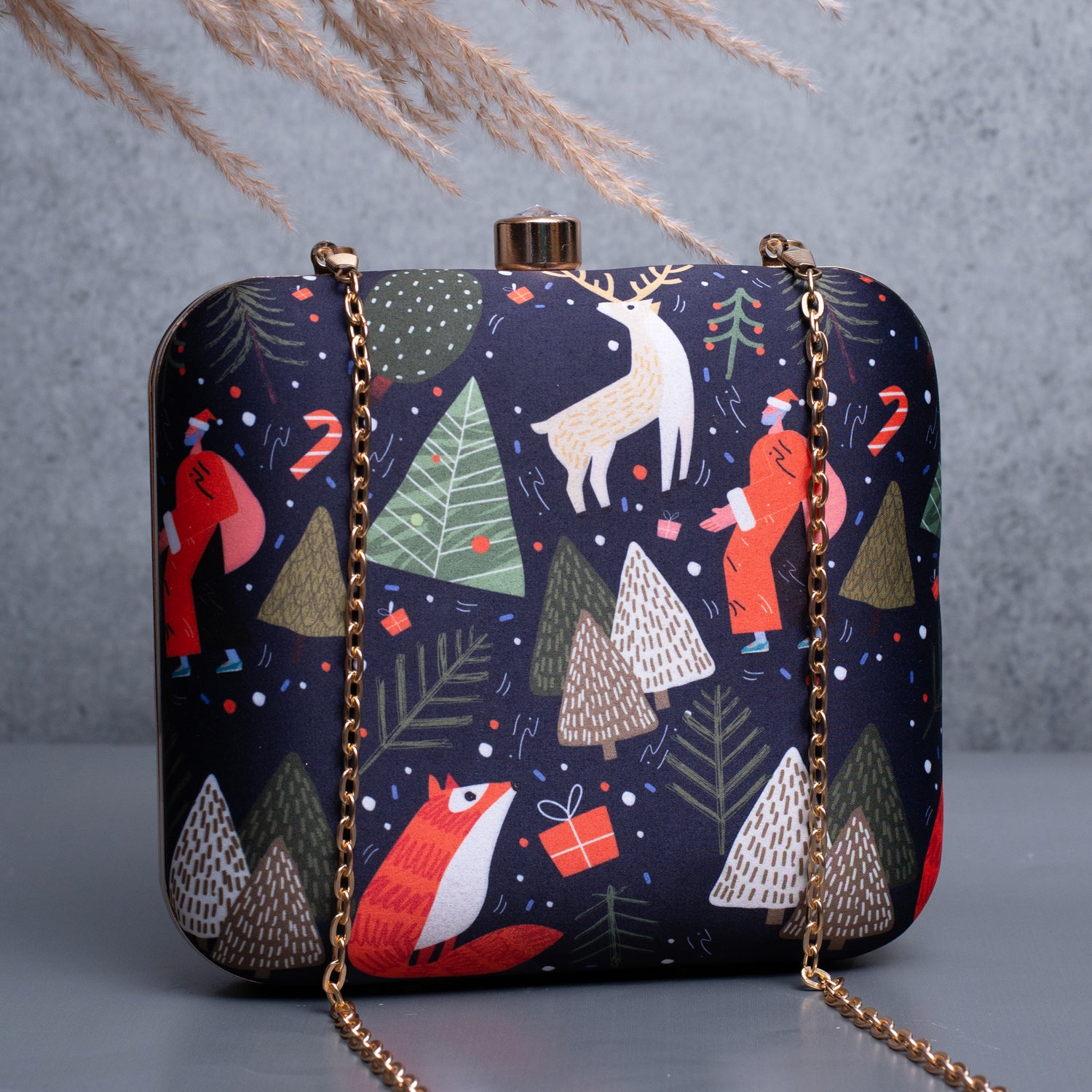 Artklim Blue Based Christmas Trees Printed Clutch