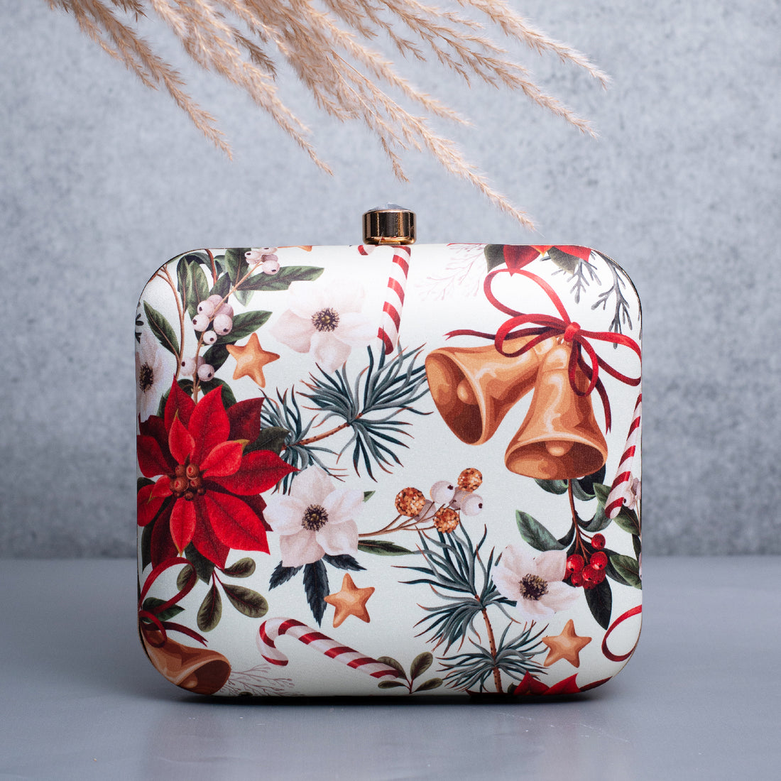 Artklim White Based Christmas Bells Printed Clutch