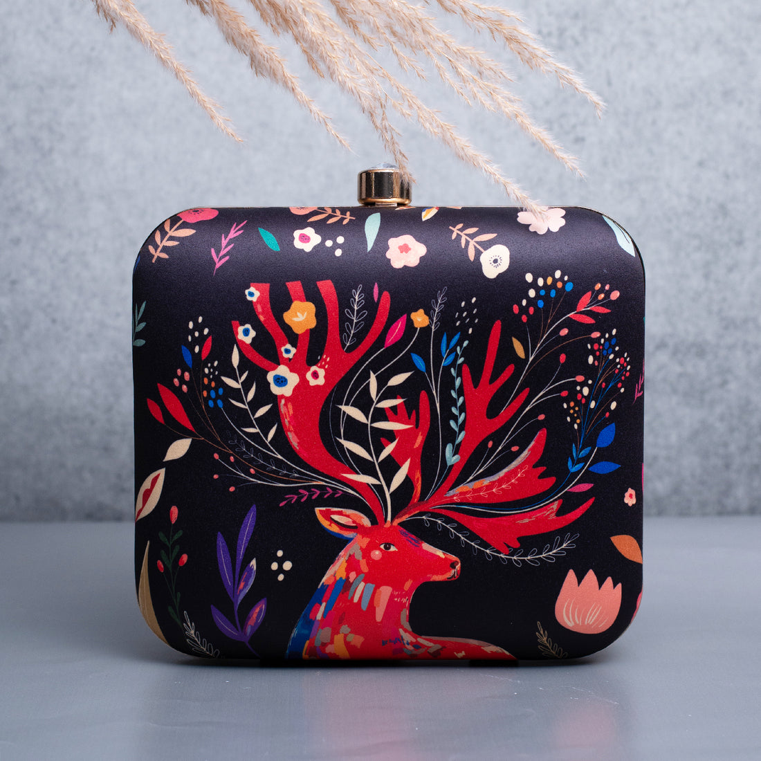 Artklim Black Based Red Reindeer Printed Clutch