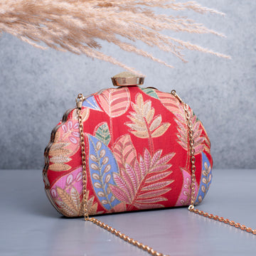 Artklim Red Based Multicolored Pattern Printed Golden Zari Embroidery Clutch