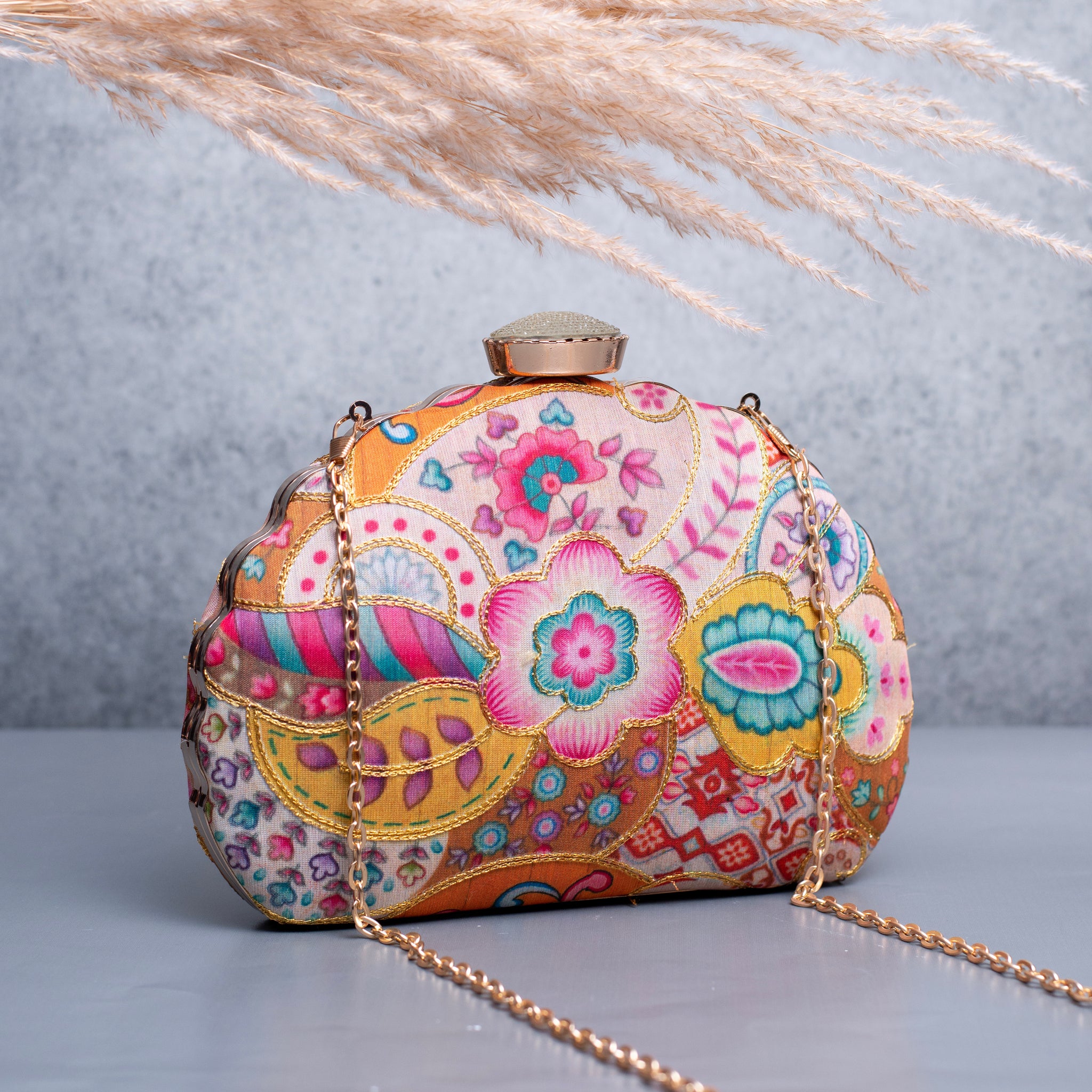 Artklim Light Pink Based Floral Printed Golden Zari Embroidery Clutch