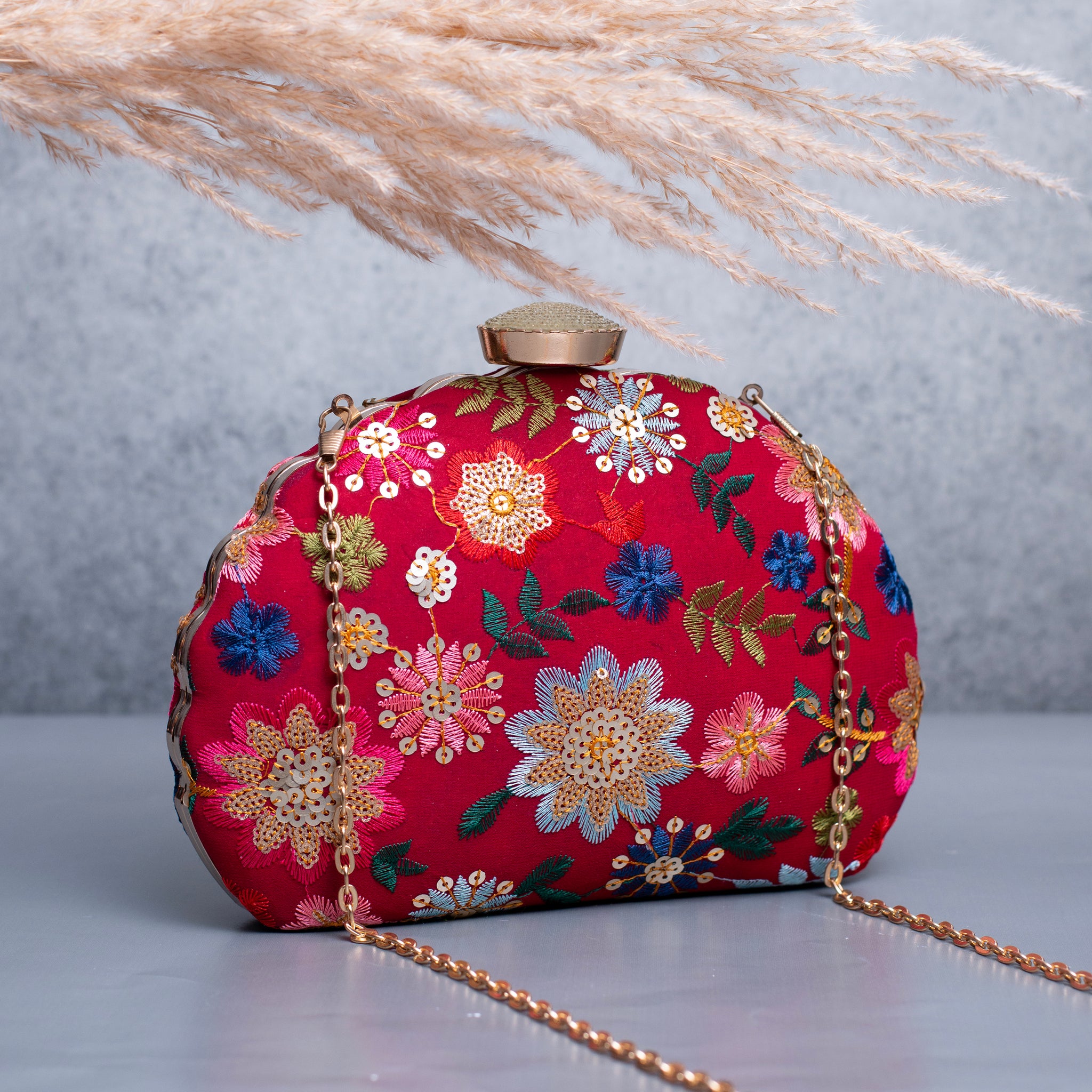 Artklim Red Based Multicolored Floral Embroidery Clutch