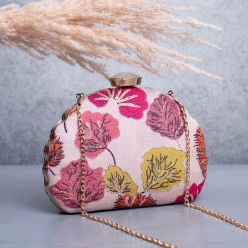 Artklim Light Pink Based Floral Golden Zari Embroidery Clutch