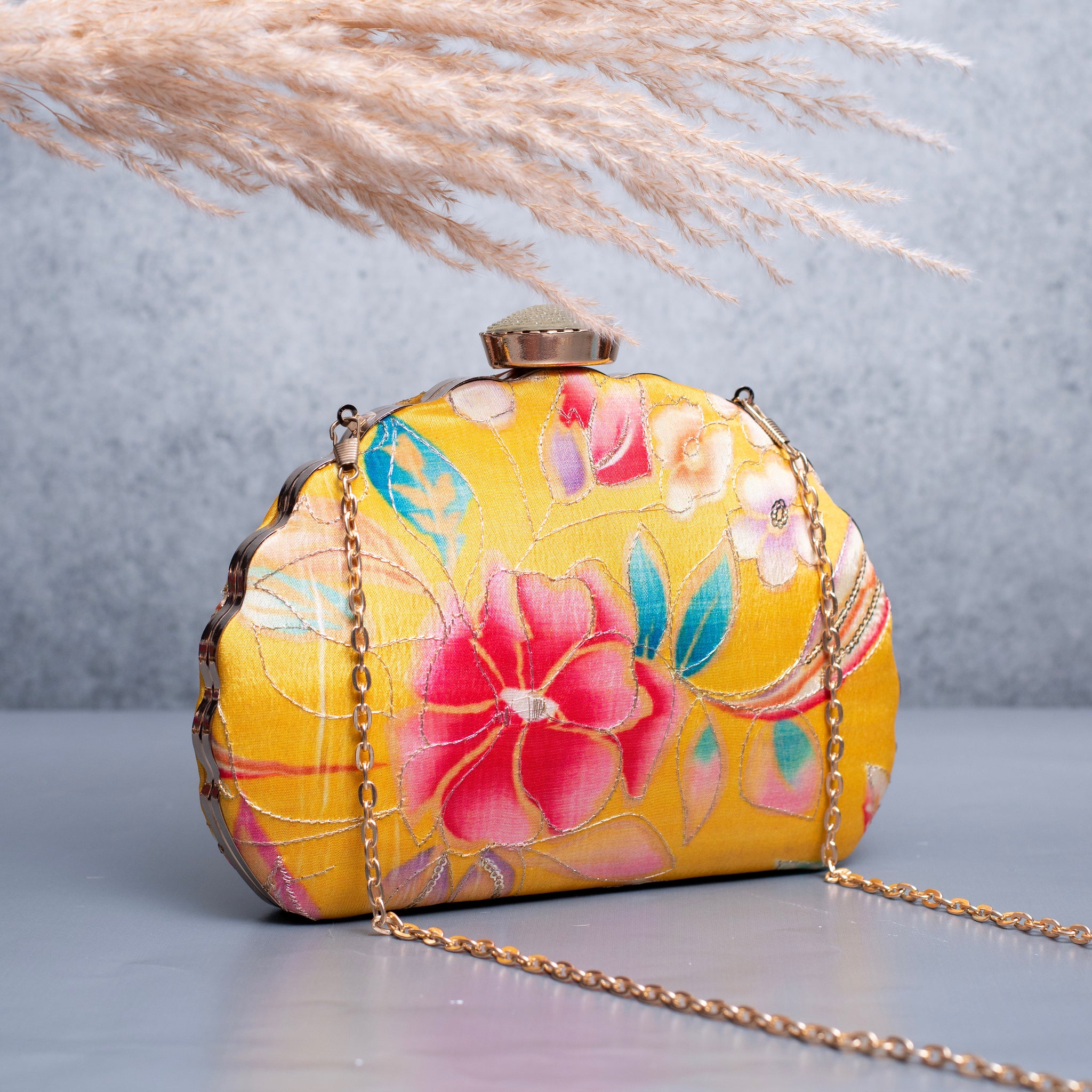 Artklim Yellow Based Red Floral Printed Golden Zari Embroidery Clutch