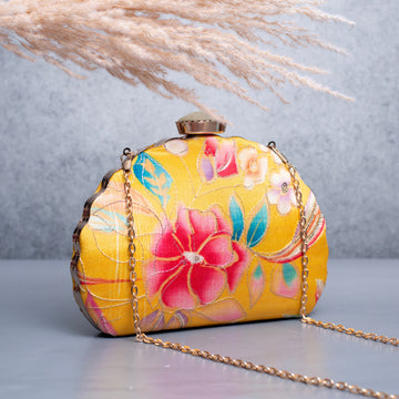 Artklim Yellow Based Red Floral Printed Golden Zari Embroidery Clutch