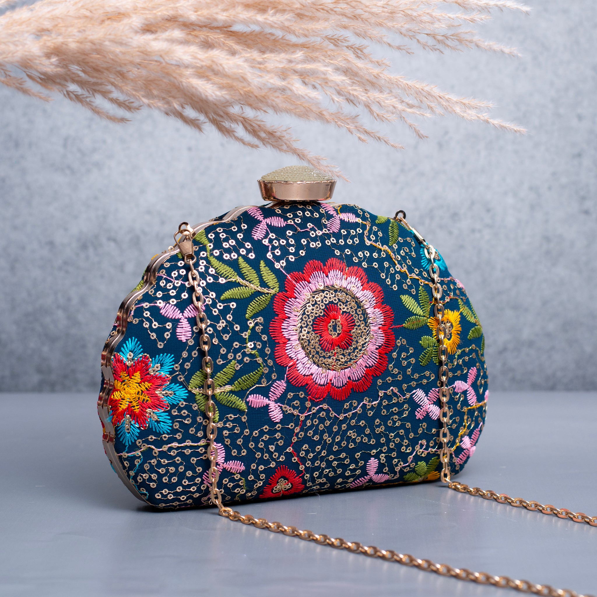 Artklim Blue Based Red And Pink Floral Embroidery Clutch