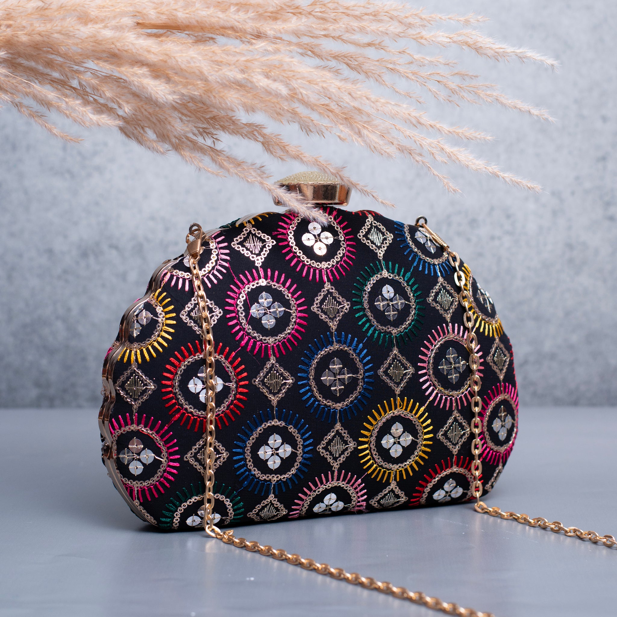 Artklim Black Based Multicolored Pattern Embroidery Clutch