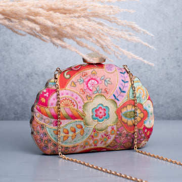 Artklim Pink Floral Printed Golden Zari Embroidery Clutch