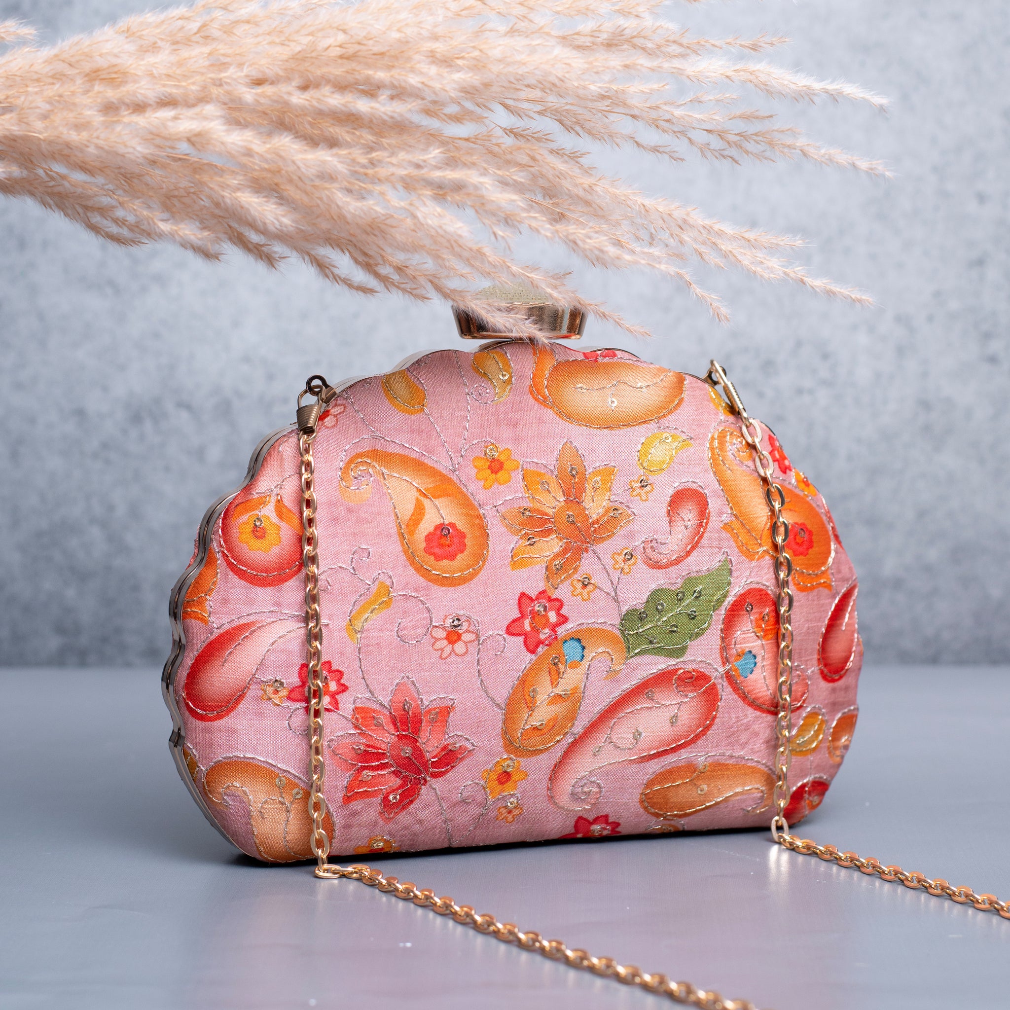 Artklim Pink Based Red And Yellow Floral Printed Clutch