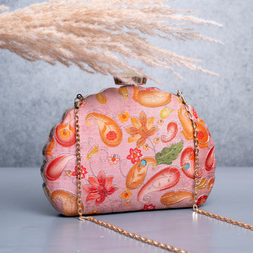 Artklim Pink Based Red And Yellow Floral Printed Clutch