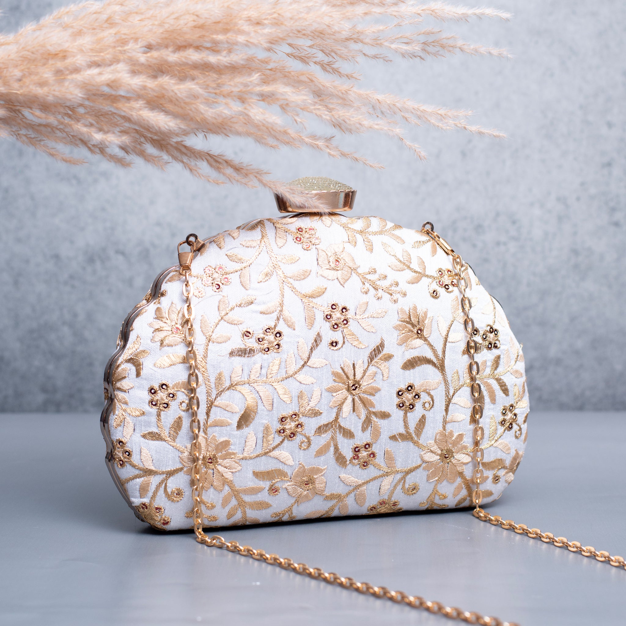 Artklim White Based Golden Floral Threadwork Embroidery Clutch