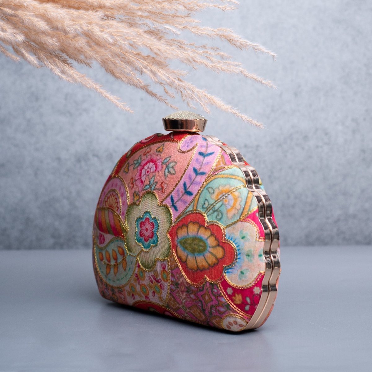 Artklim Pink Floral Printed Golden Zari Embroidery Clutch