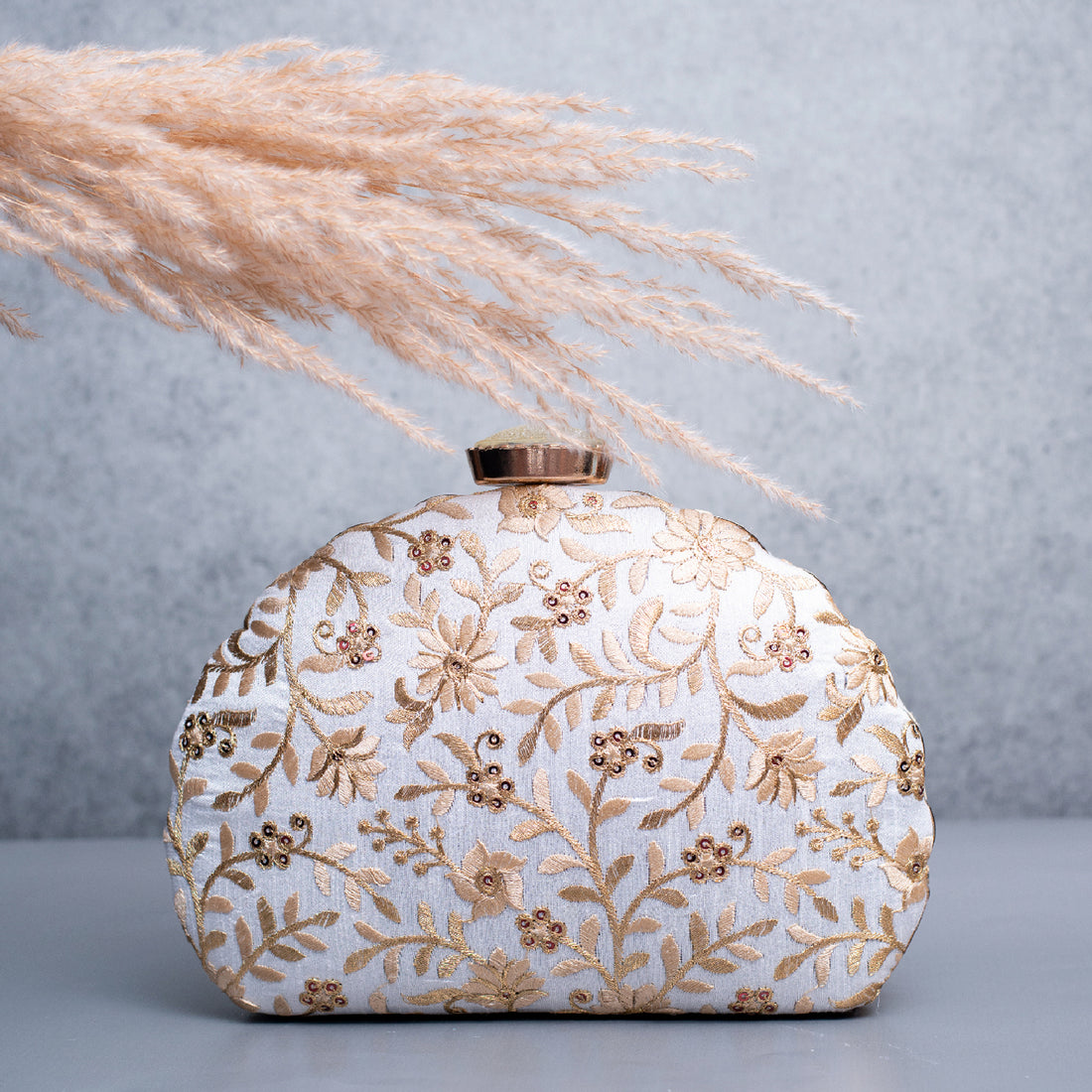 Artklim White Based Golden Floral Threadwork Embroidery Clutch