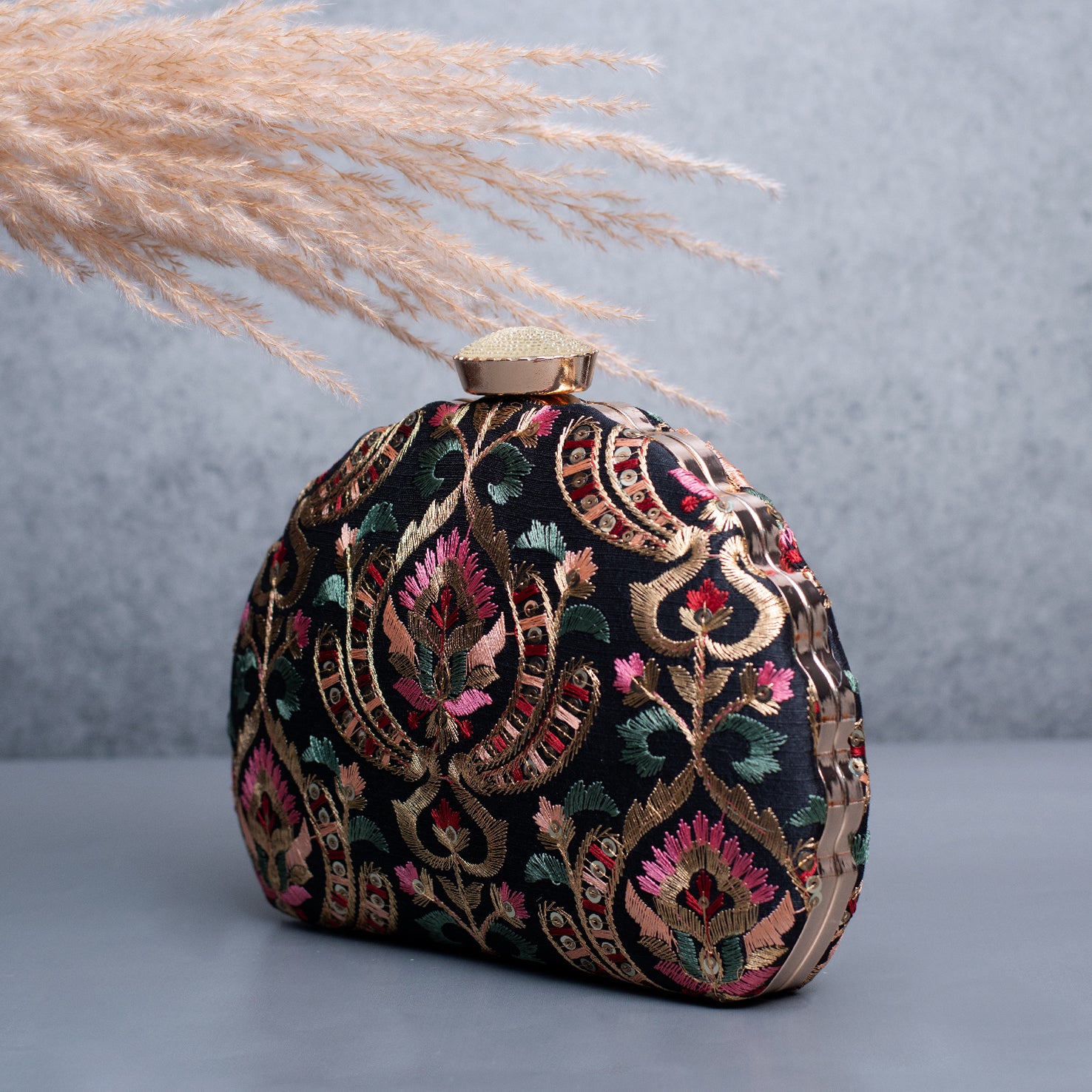 Artklim Black Based Multicolored Threadwork Pattern Embroidery Clutch