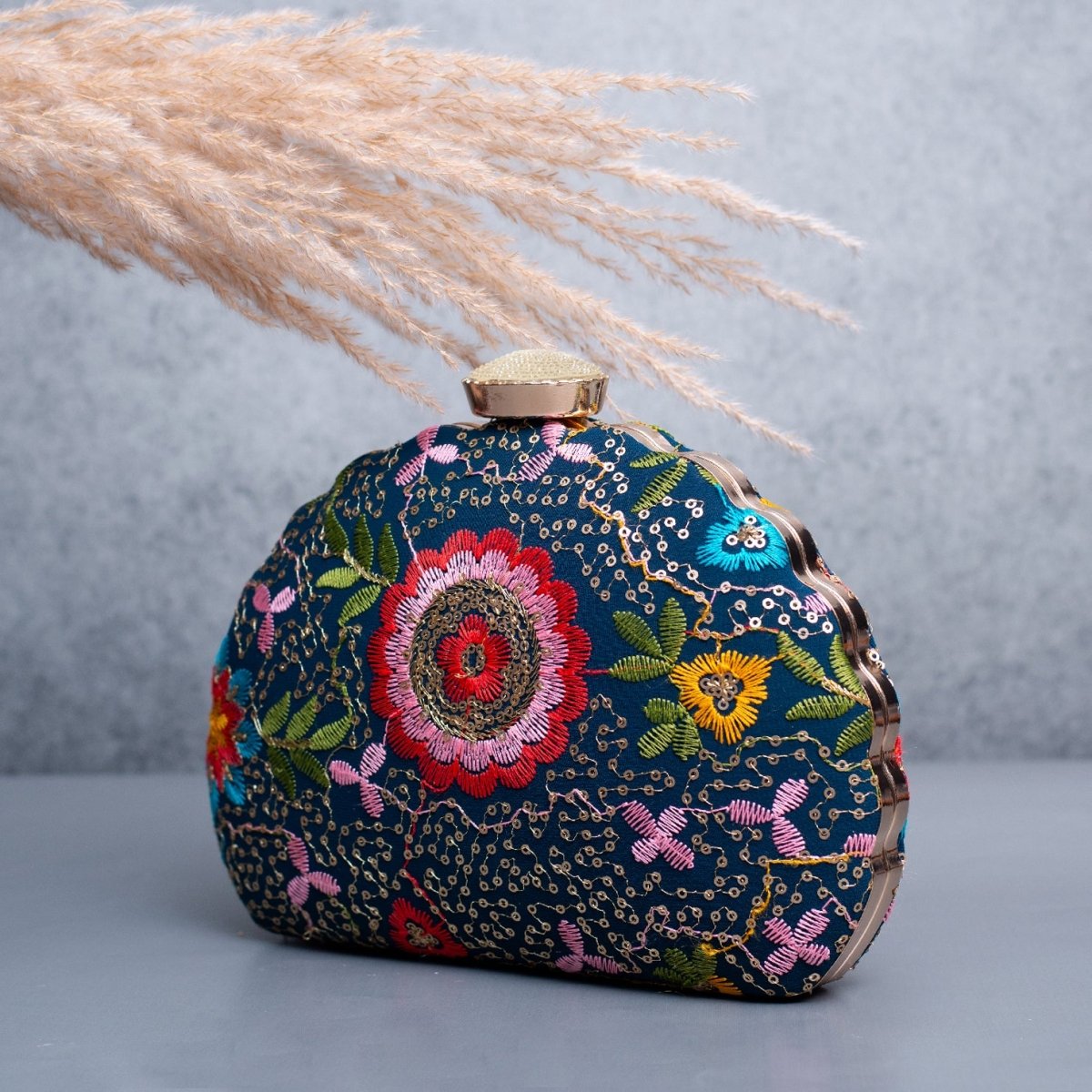 Artklim Blue Based Red And Pink Floral Embroidery Clutch