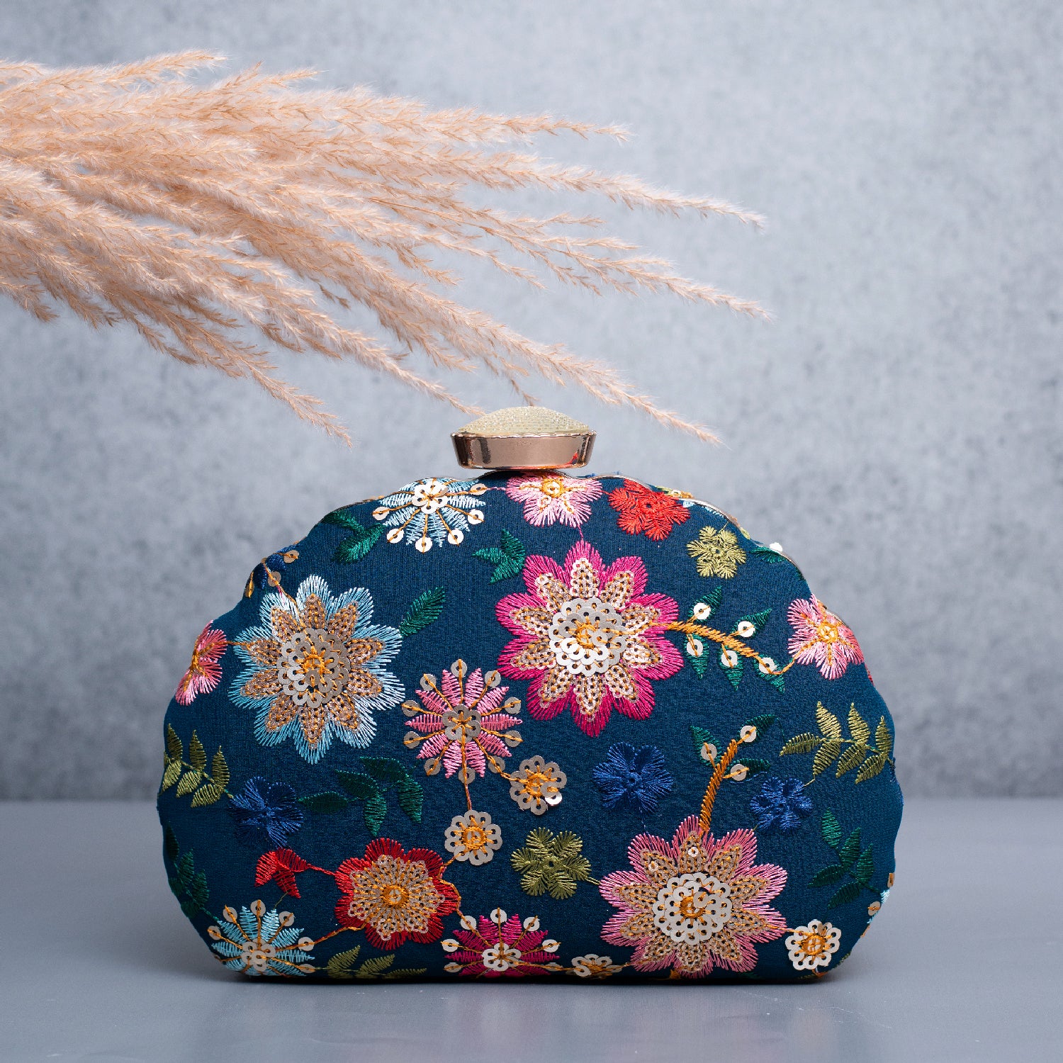 Artklim Blue Based Multicolored Floral Embroidery Clutch