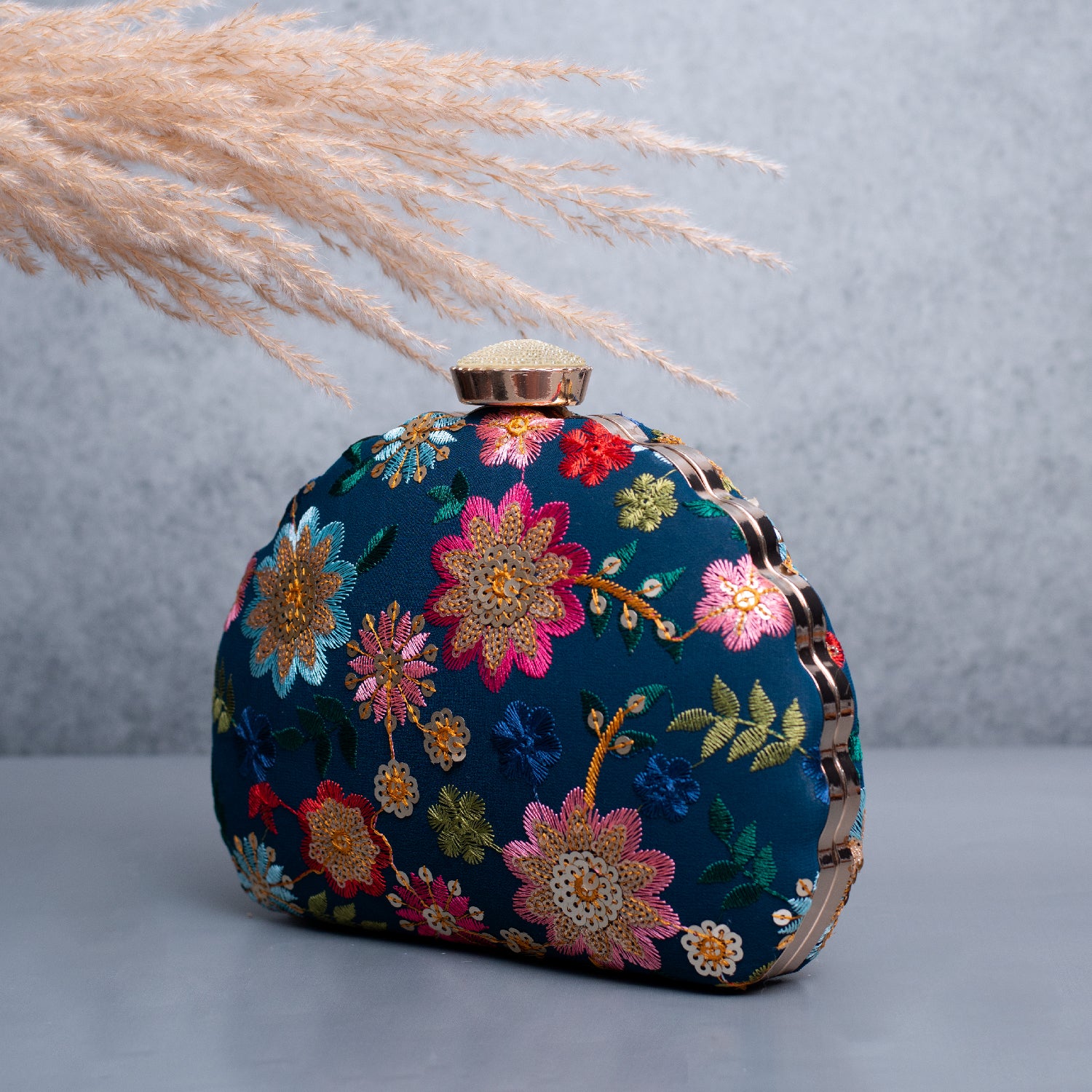 Artklim Blue Based Multicolored Floral Embroidery Clutch