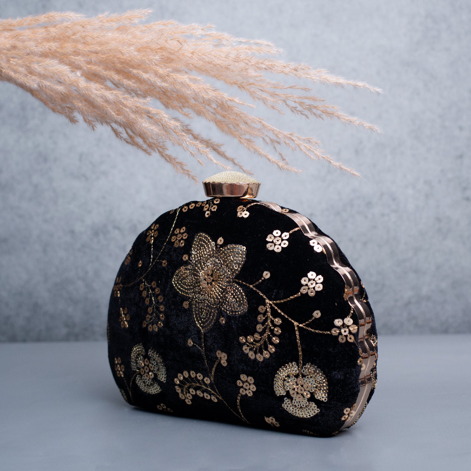 Artklim Black Based Silver Sequins Embroidery Clutch