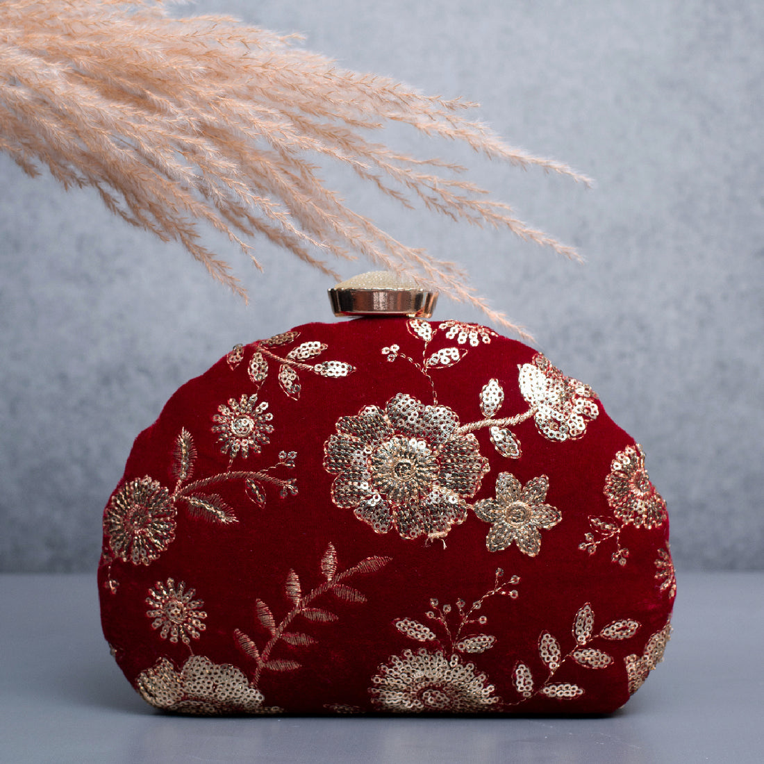 Artklim Red Based Golden Sequins Embroidery Clutch